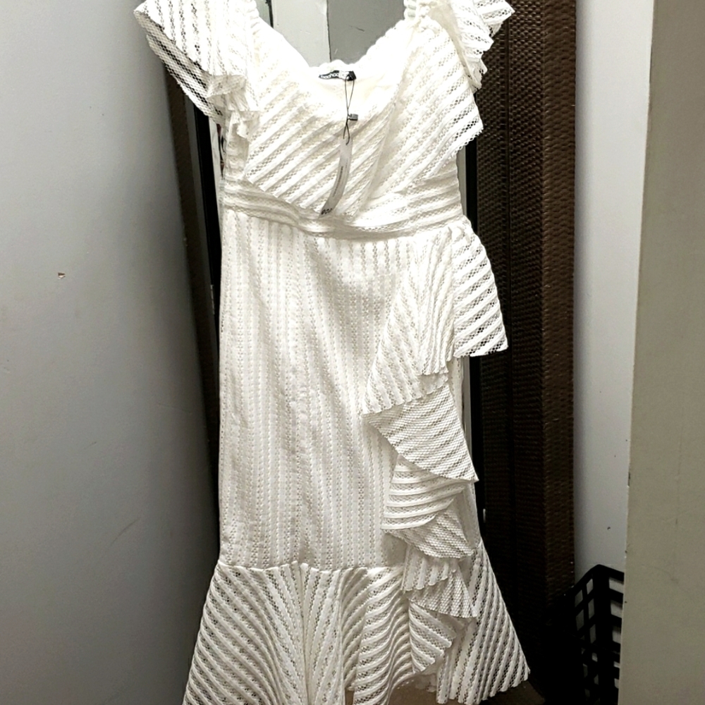 NWT Boohoo Lace Bardot Ruffle Midi White Dress Size 6
